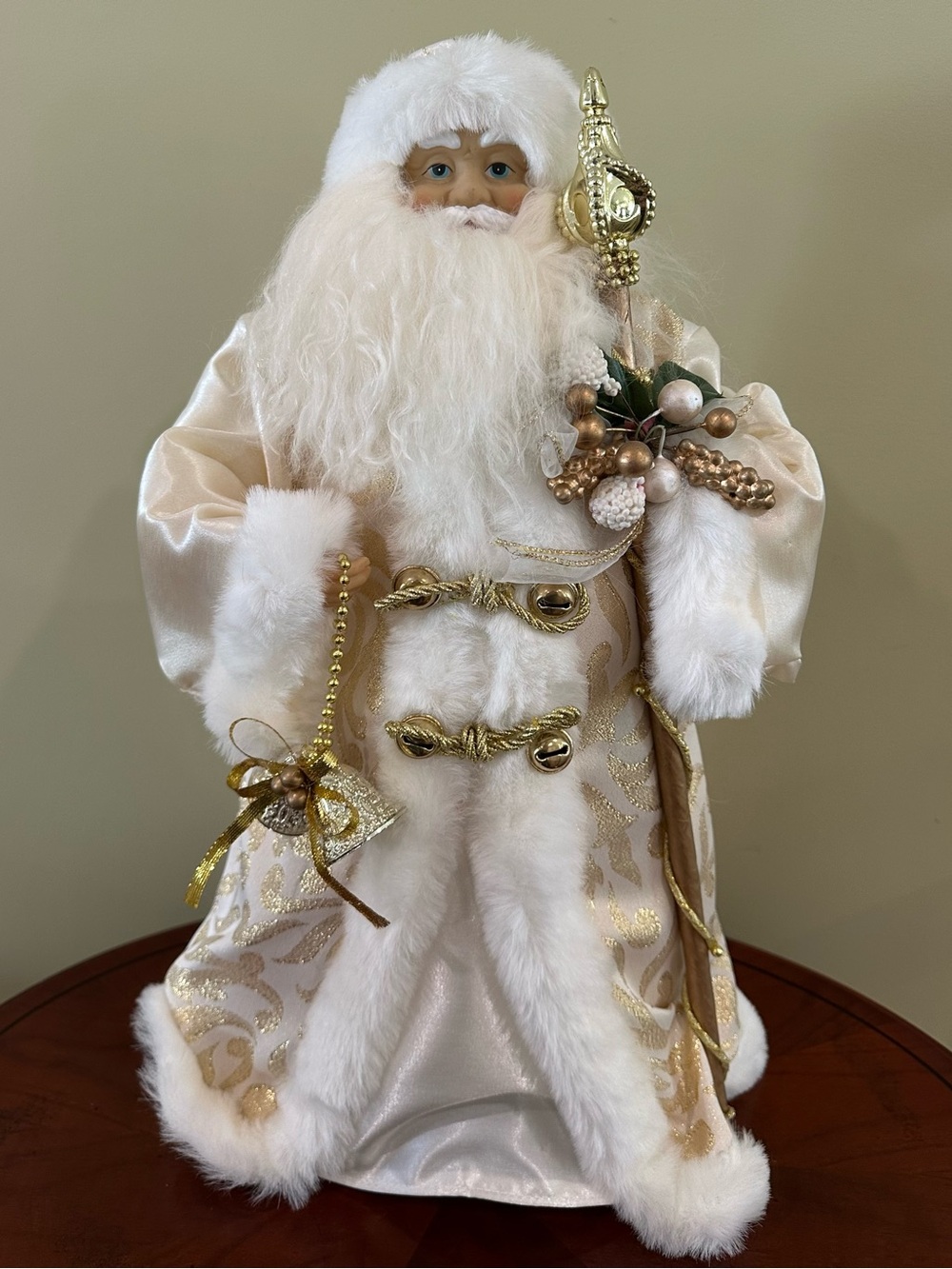Holiday Santa Christmas Tree Topper in Ivory and Gold - Decorative Home Accent